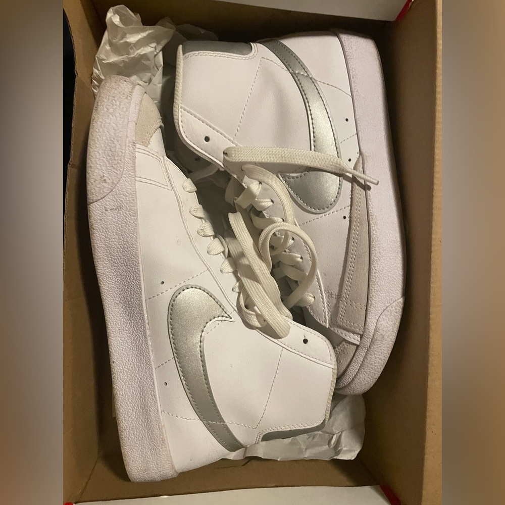 White and Sliver High Top Nike Blazers